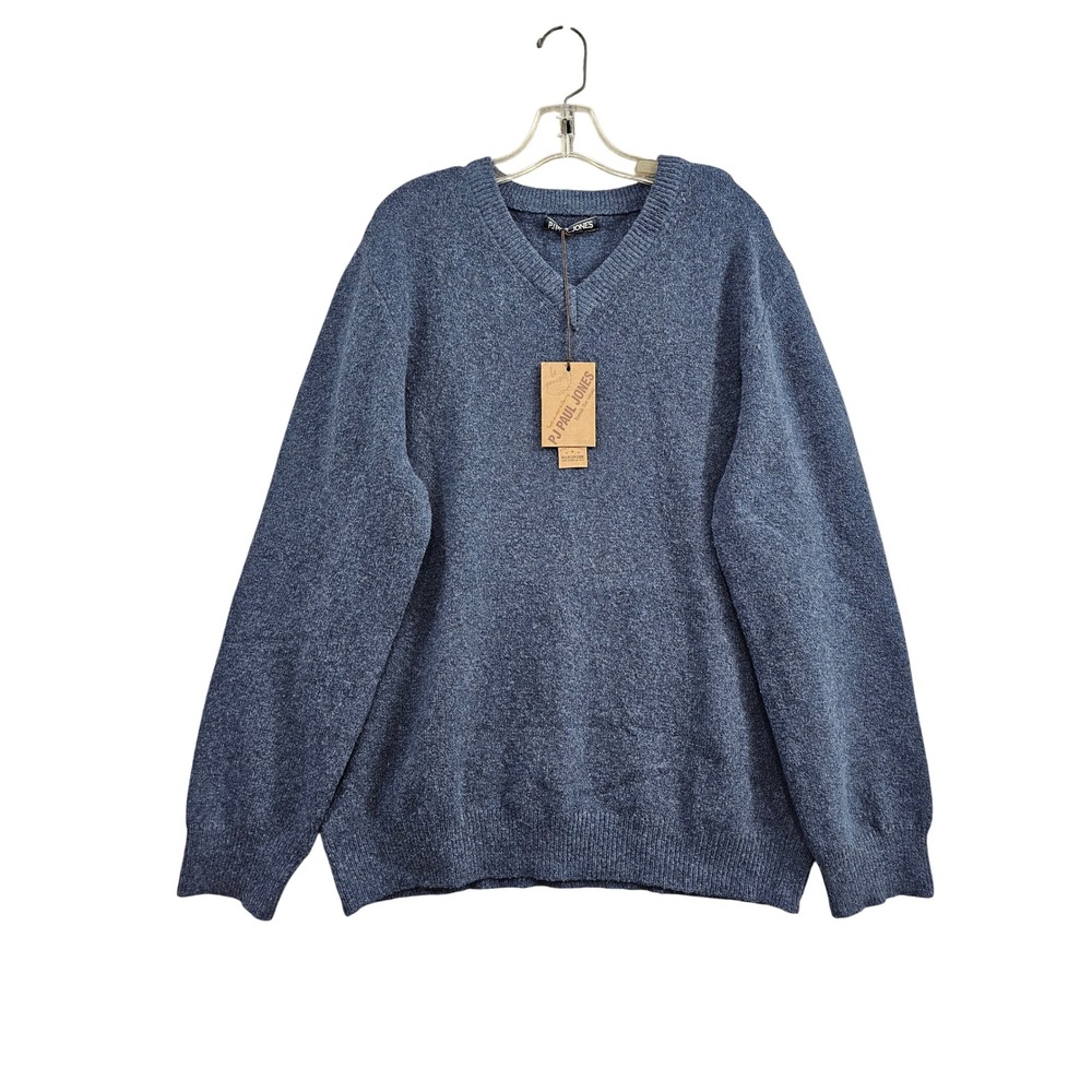 PJ Paul Jones V Neck Sweater Mens XL Blue Wool Blend Knit Pullover Long Sleeve